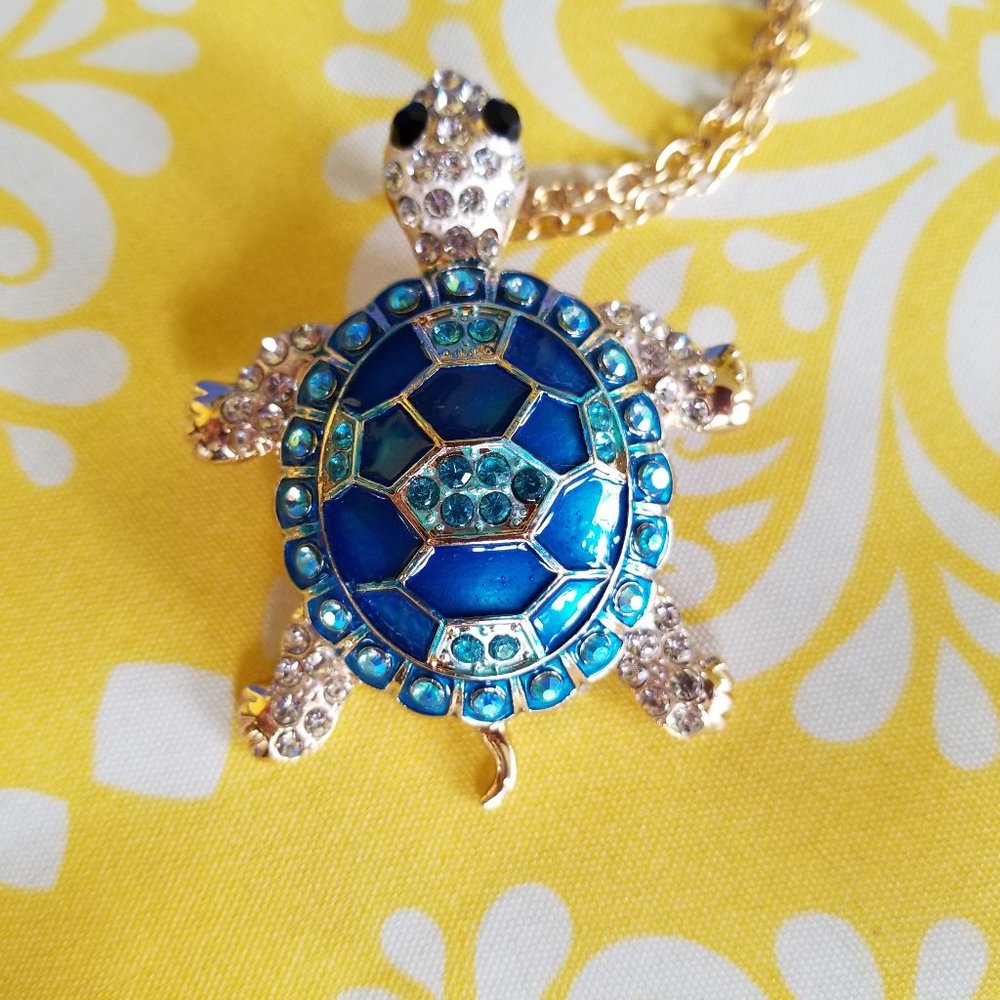 🐢Turtle Necklace / Brooch Enamel & Bling Stones Shell Blue Aqua - NWOT🐢